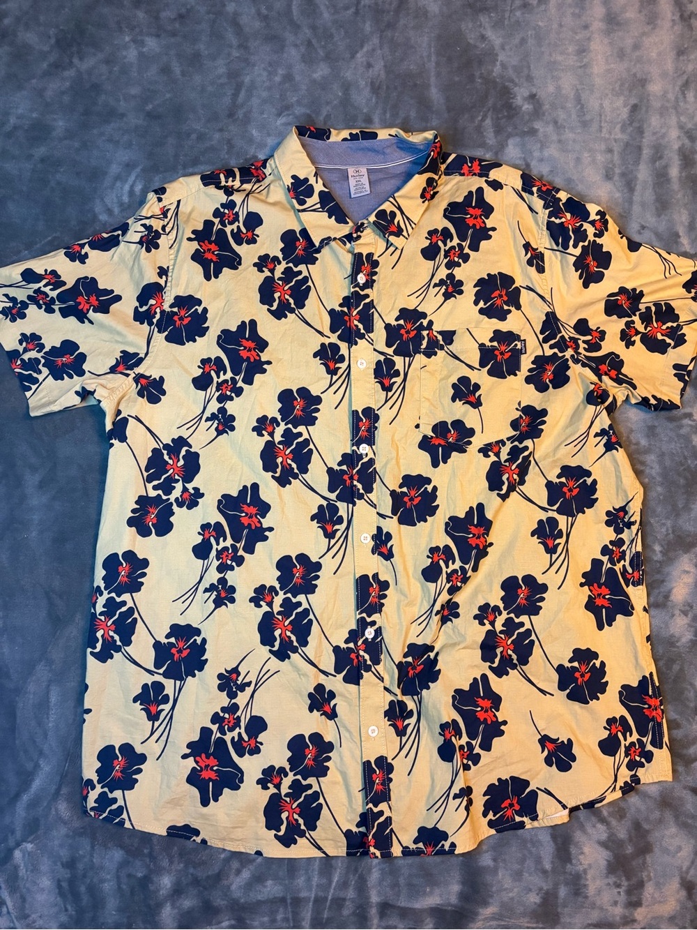 Hurley Yellow Short Sleeve Button-Down with Navy Floral and Red Accents